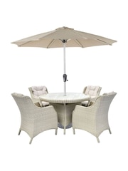 Bramblecrest Sandstone Woodchester 120cm Round Table with 4 Dining Armchairs & Parasol - Image 6 of 6