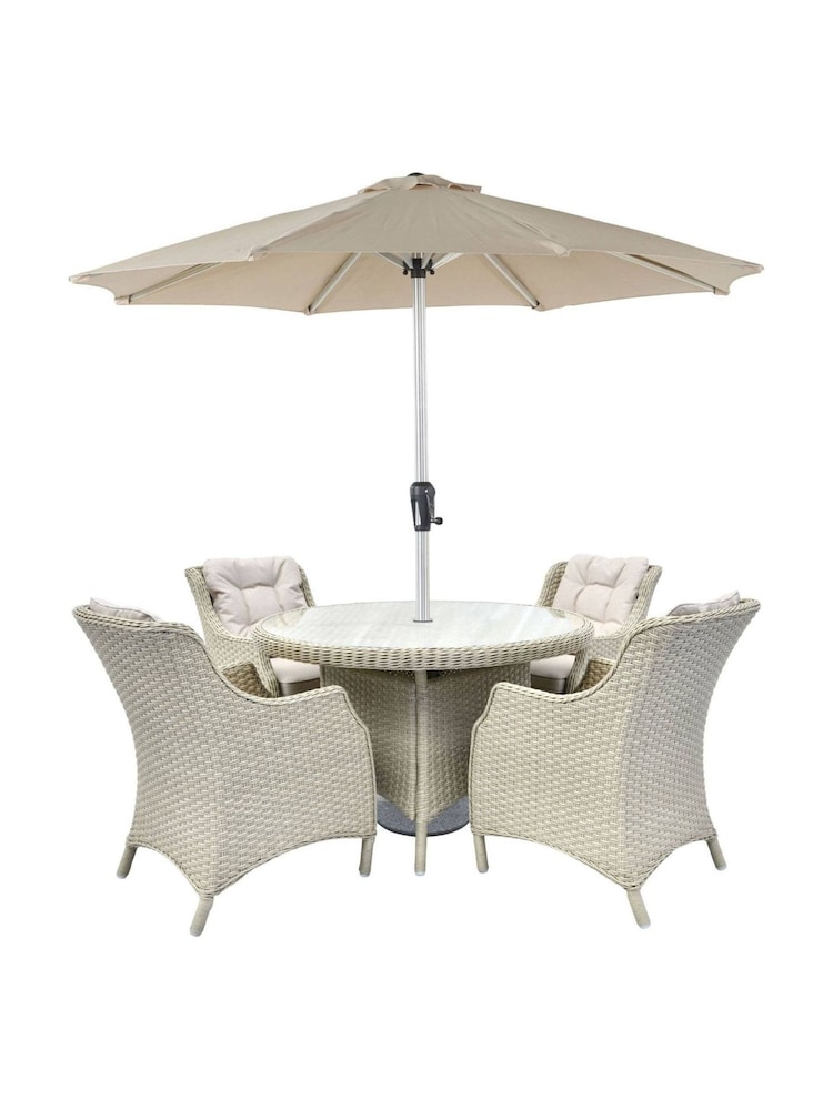 Bramblecrest Sandstone Woodchester 120cm Round Table with 4 Dining Armchairs & Parasol - Image 6 of 6 Bramblecrest Sandstone Woodchester 120cm Round Table with 4 Dining Armchairs & Parasol - Image 6 of 6