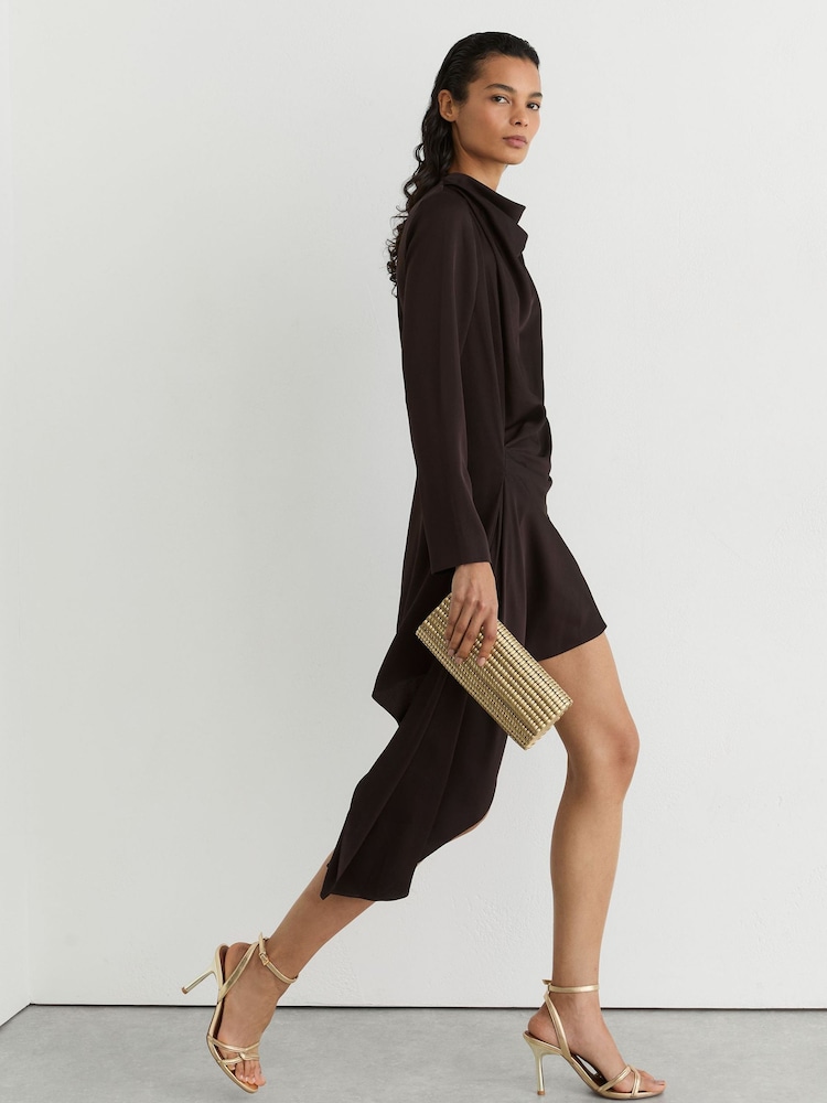 Reiss Grape Burgundy Bethany Draped Long-Sleeve Mini Dress - Image 1 of 8 Reiss Grape Burgundy Bethany Draped Long-Sleeve Mini Dress - Image 1 of 8
