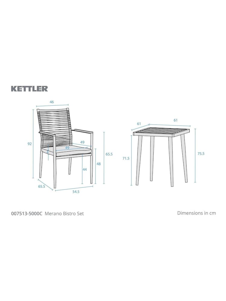 Kettler Grey Merano Garden Bistro Set with 60 x 60cm Square Table - Image 2 of 5