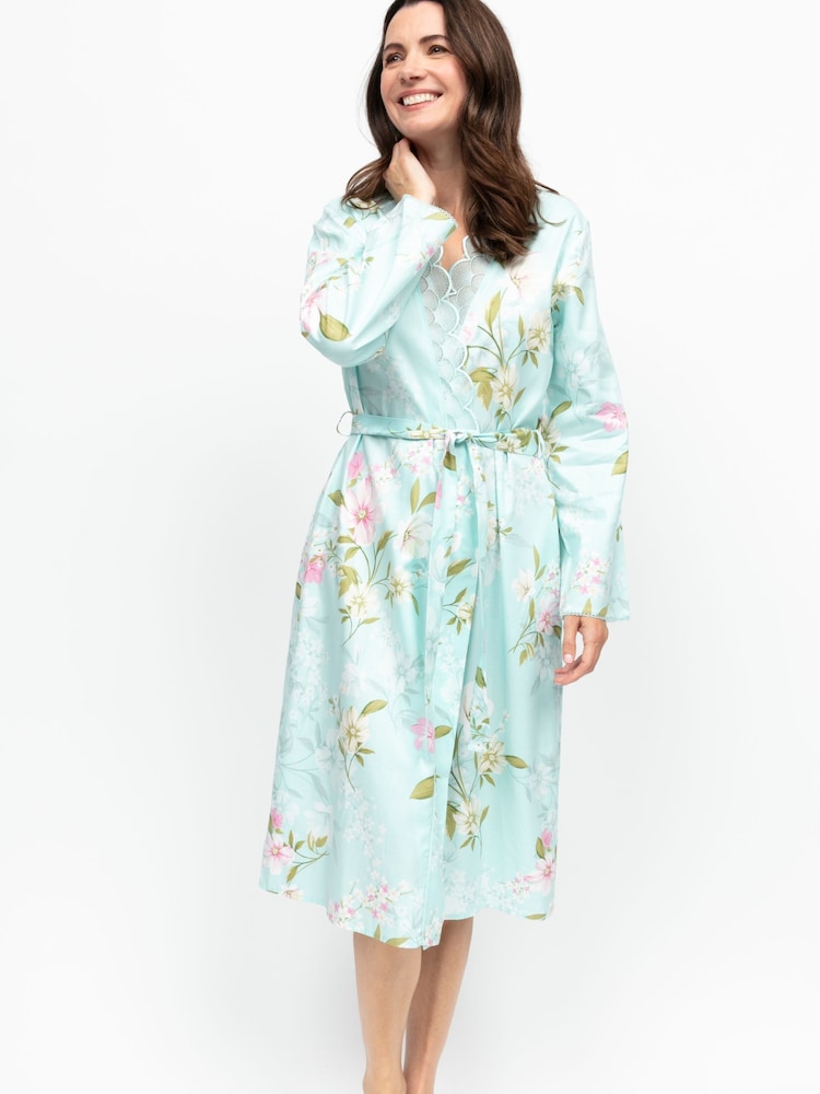 Nora Rose Floral Print Lace Trim Long Sleeve Midi Dressing Gown - תמונה 2 מתוך 4