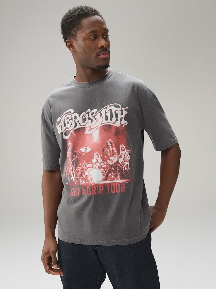 Charcoal Grey Aerosmith Relaxed Fit Band Graphic Print T-Shirt - Image 1 of 9 Charcoal Grey Aerosmith Relaxed Fit Band Graphic Print T-Shirt - Image 1 of 9