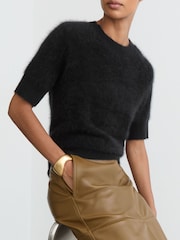 Reiss Black Julia 100% Brushed Cashmere Short-Sleeve Top - Image 1 of 7