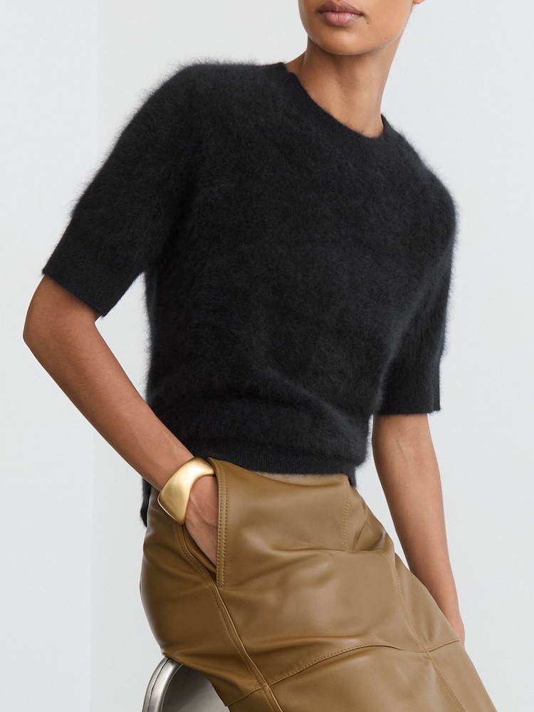 Reiss Black Julia 100% Brushed Cashmere Short-Sleeve Top - Image 1 of 7 Reiss Black Julia 100% Brushed Cashmere Short-Sleeve Top - Image 1 of 7