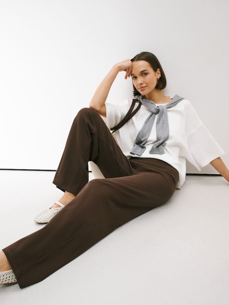 Chocolate Brown Wrap Waist Jersey Denim Wide Leg Trousers - Image 1 of 7 Chocolate Brown Wrap Waist Jersey Denim Wide Leg Trousers - Image 1 of 7