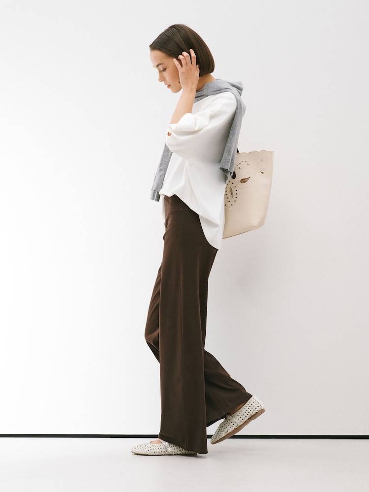 Chocolate Brown Wrap Waist Jersey Denim Wide Leg Trousers - Image 2 of 7 Chocolate Brown Wrap Waist Jersey Denim Wide Leg Trousers - Image 2 of 7