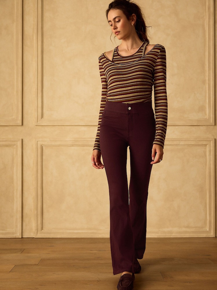 Burgundy Red Flare Leg Denim Jersey Leggings - Image 2 of 7 Burgundy Red Flare Leg Denim Jersey Leggings - Image 2 of 7