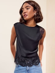 Friends Like These Black Premium Satin Lace Sleeve Top - Image 1 of 5