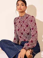 Burgundy Geo Print - Friends Like These High Neck Shirred Cuff Blouse - Larawan 1 ng 6