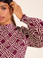 Burgundy Geo Print - Friends Like These High Neck Shirred Cuff Blouse - Larawan 2 ng 6