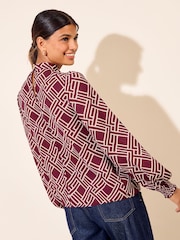Burgundy Geo Print - Friends Like These High Neck Shirred Cuff Blouse - Larawan 6 ng 6