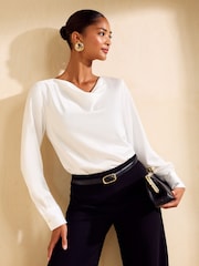 Friends Like These Cream Long Sleeve Satin Cowl Neck Blouse - Image 1 of 5