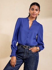 金屬藍 - Friends Like These Lace Trim V-Neck Long Sleeve Blouse - 圖片 1，共 4