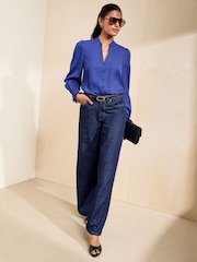 金屬藍 - Friends Like These Lace Trim V-Neck Long Sleeve Blouse - 圖片 3，共 4