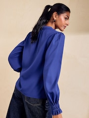 金屬藍 - Friends Like These Lace Trim V-Neck Long Sleeve Blouse - 圖片 4，共 4