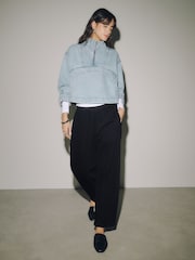 Black Barrel Leg Denim Jersey Trousers - Image 1 of 8