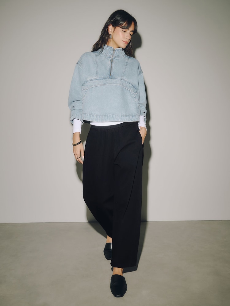 Black Barrel Leg Denim Jersey Trousers - Image 1 of 8