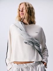 self. Ecru Long Sleeve Side Stripe T-Shirt - Image 1 of 5