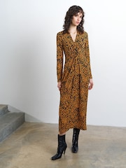 French Connection Orange Zaria Textured Front Twist Collared Midi Dress - Image 1 of 6