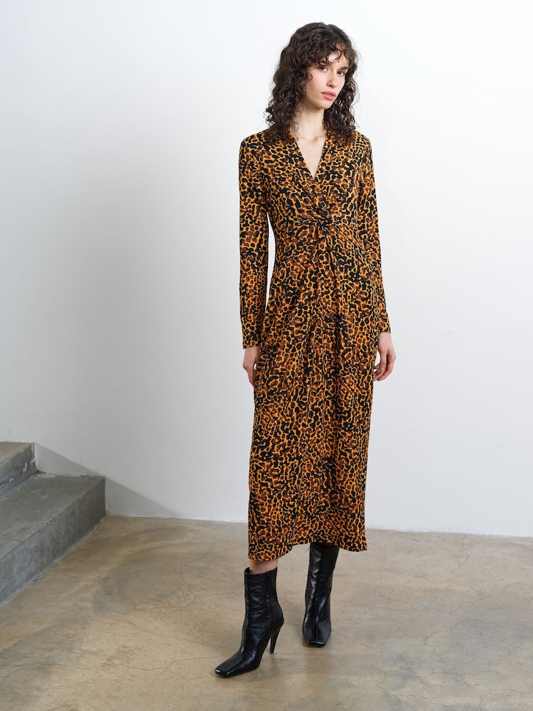 French Connection Orange Zaria Textured Front Twist Collared Midi Dress - Image 1 of 6