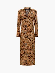 French Connection Orange Zaria Textured Front Twist Collared Midi Dress - Image 6 of 6