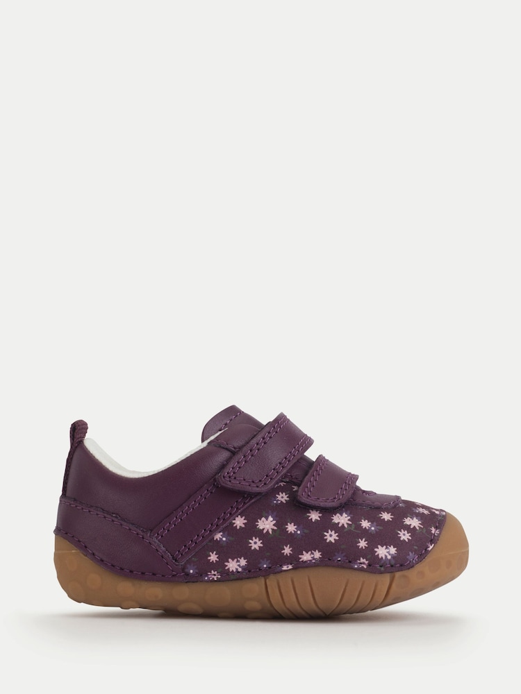 Start Rite Purple Little Smile Leather And Nubuck Floral Print Rip Tape Closed Pre-Walker Shoes - Image 2 of 8