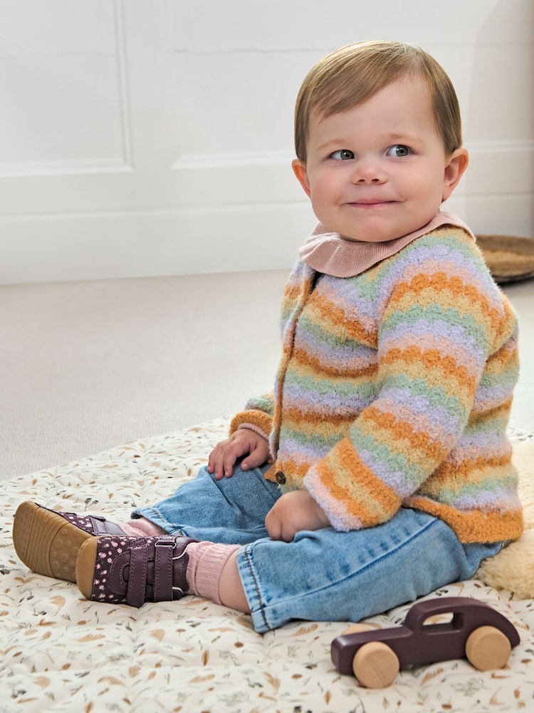 Start Rite Purple Little Smile Leather And Nubuck Floral Print Rip Tape Closed Pre-Walker Shoes - Image 8 of 8