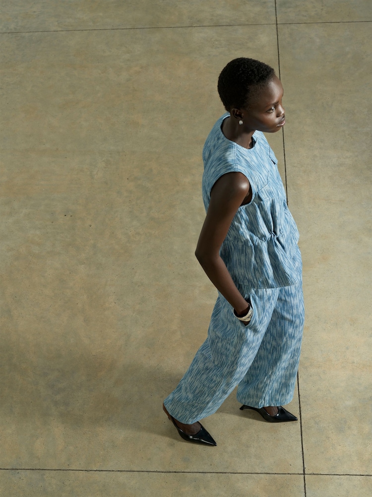 French Connection Blue Bessie Textured Denim Wide Leg Trousers - Image 1 of 7