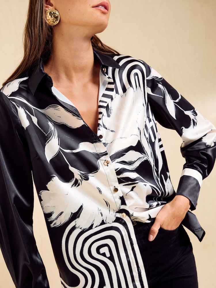Friends Like These Mono Floral Print Satin Button Through Shirt - Image 2 of 6 Friends Like These Mono Floral Print Satin Button Through Shirt - Image 2 of 6