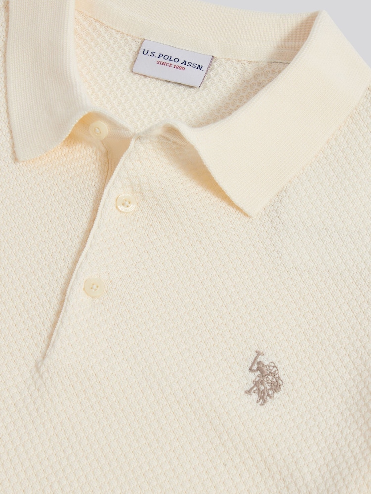U.S. Polo Assn Cream Moss Stitch Knit Polo Shirt - Image 3 of 3