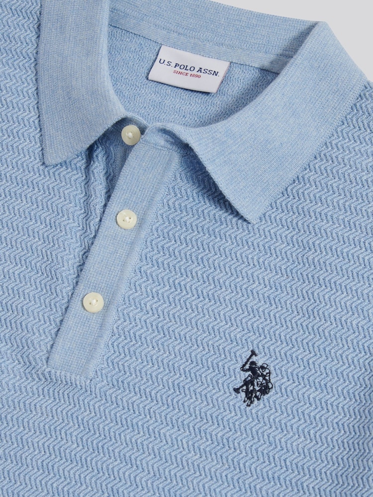 U.S. Polo Assn Blue Herringbone Texture Knit Polo Shirt - Image 3 of 3