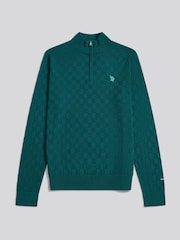 U.S. Polo Assn Green Large Check Knit Quarter Zip Funnel Jumper - Image 1 of 4