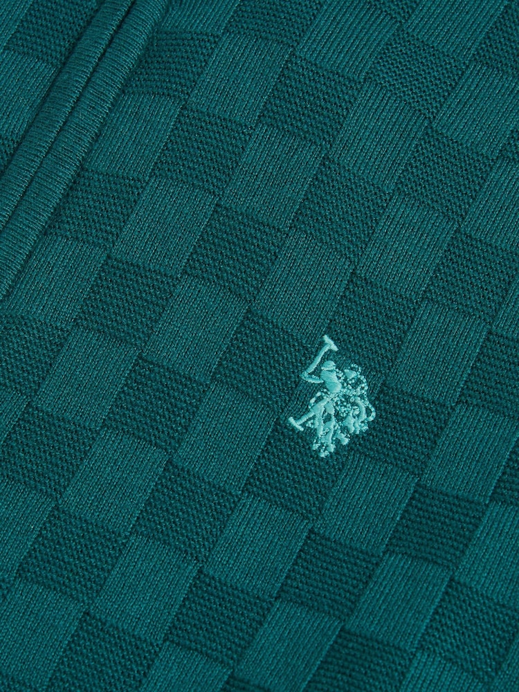 U.S. Polo Assn Green Large Check Knit Quarter Zip Funnel Jumper - Image 4 of 4