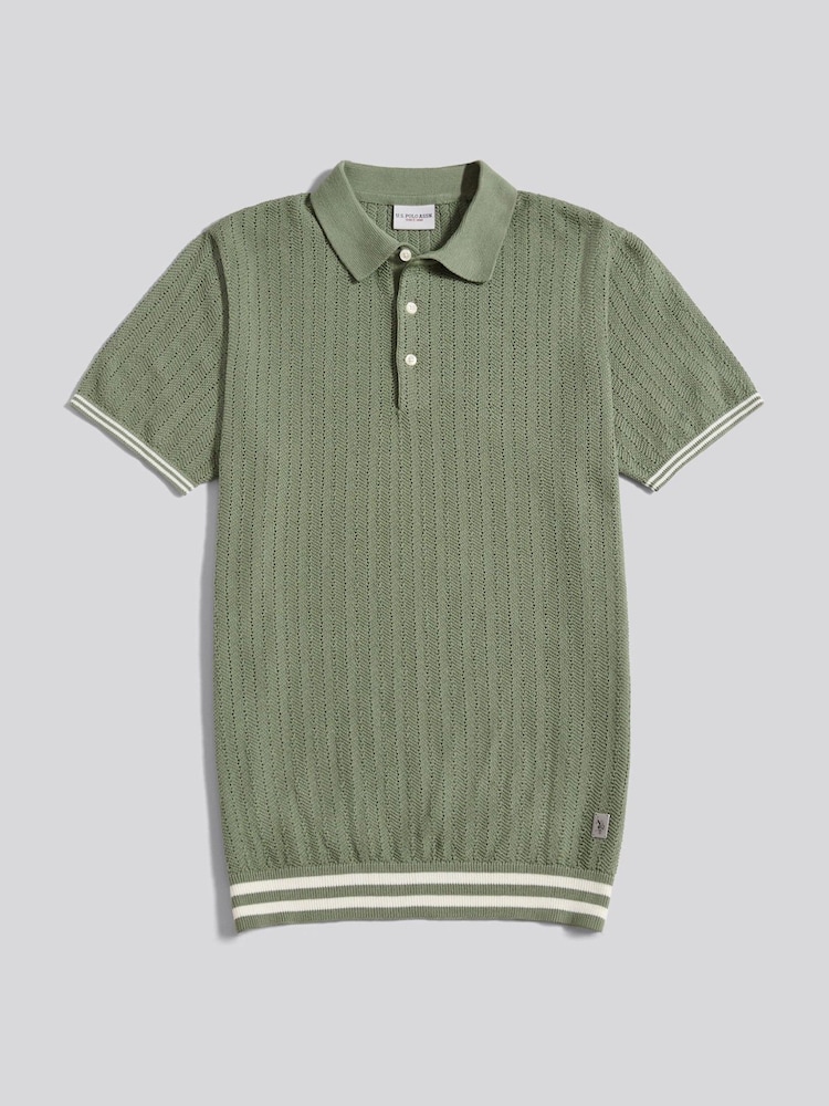 U.S. Polo Assn Green Tipped Open Knit Polo Shirt - Image 1 of 3