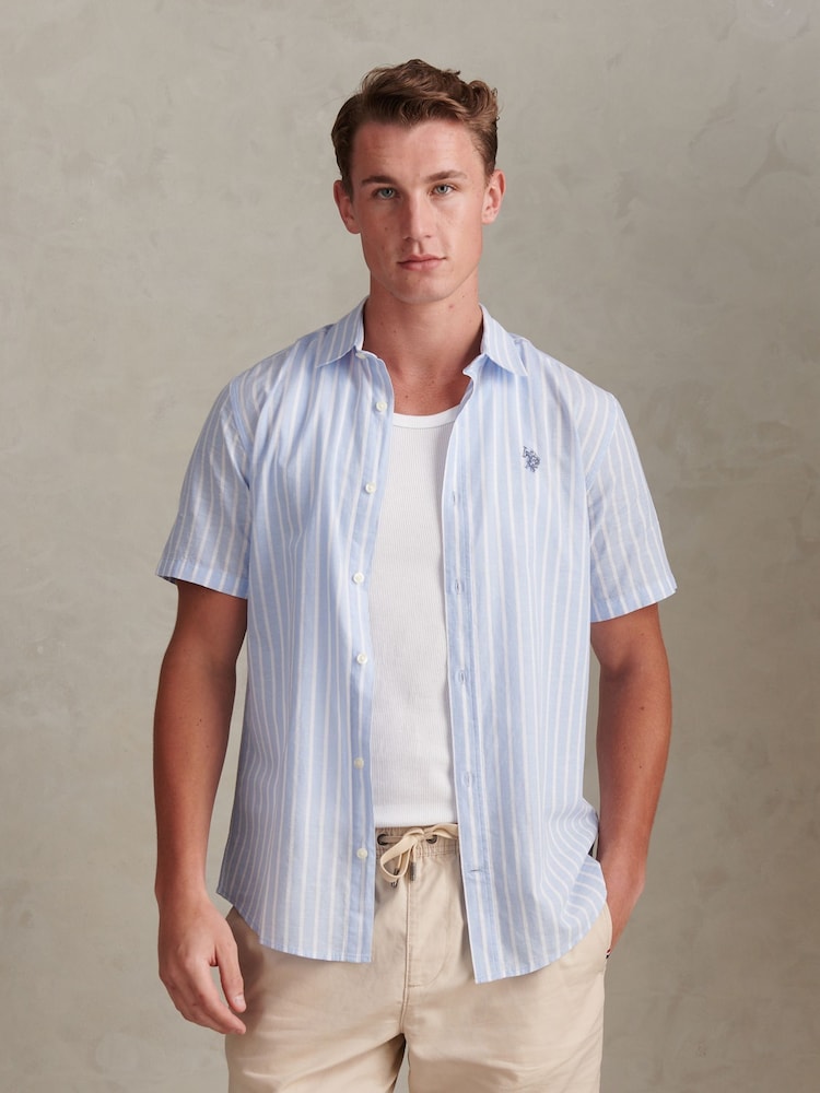 U.S. Polo Assn. Blue Linen Blend Summer Stripe Short Sleeve Shirt - Image 1 of 7