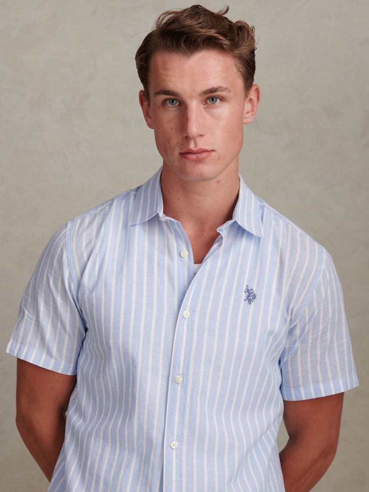 U.S. Polo Assn. Blue Linen Blend Summer Stripe Short Sleeve Shirt - Image 2 of 7