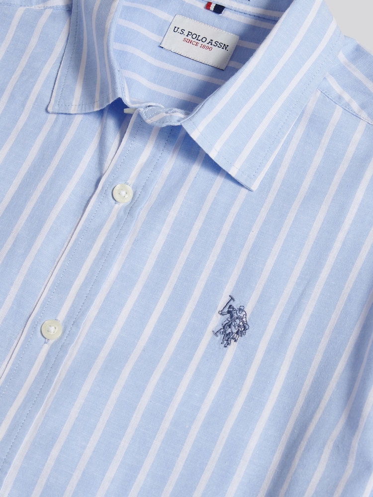 U.S. Polo Assn. Blue Linen Blend Summer Stripe Short Sleeve Shirt - Image 7 of 7