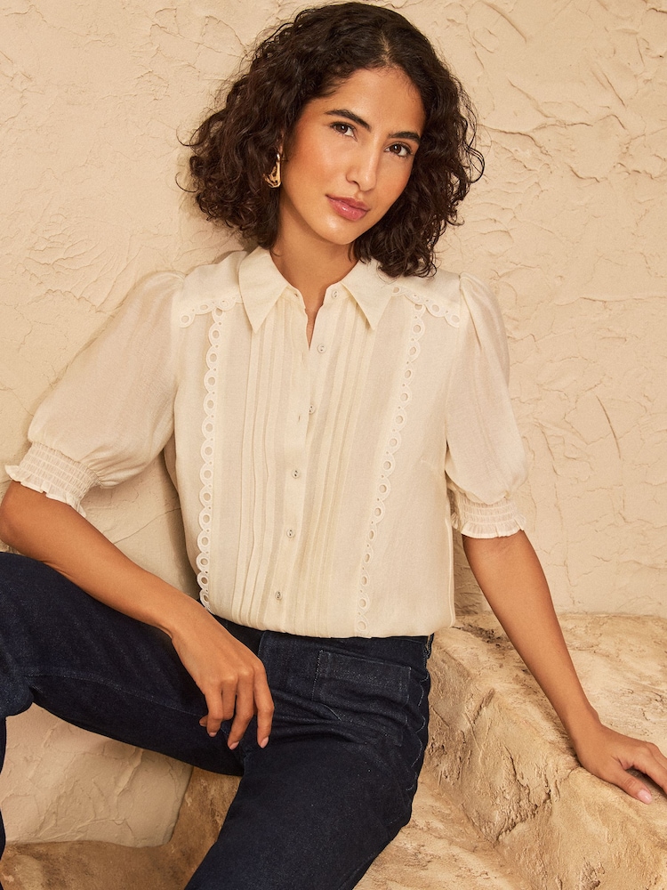 Love & Roses Ivory Short Sleeve Button Through Lace Trim Shirt - Image 4 of 4