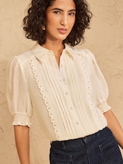 Love & Roses Ivory Petite Short Sleeve Button Through Lace Trim Shirt - Image 1 of 4