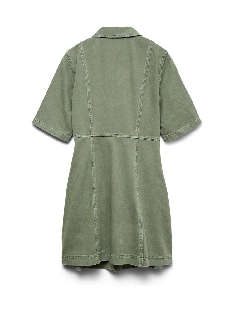 VERO MODA Green Short Sleeve V-Neck Denim Dress - Image 3 of 3