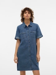 VERO MODA Blue Short Sleeve Button Down Denim Dress - Image 1 of 6
