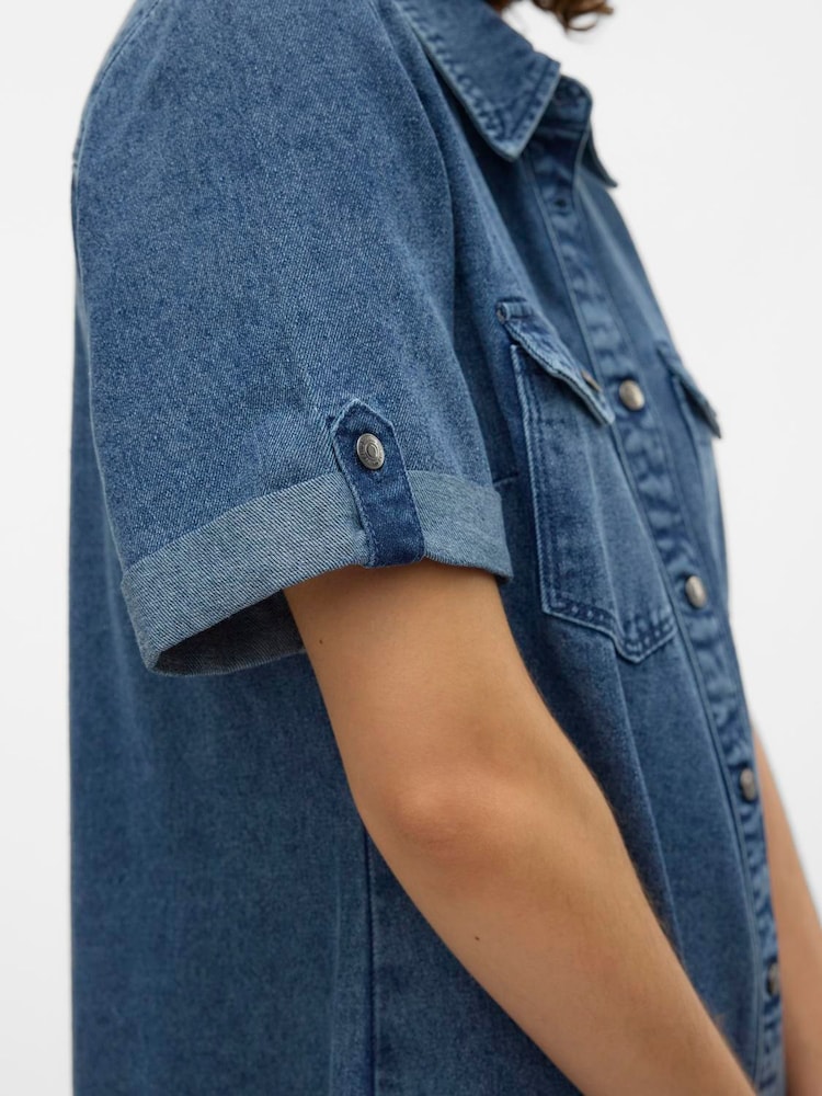 VERO MODA Blue Short Sleeve Button Down Denim Dress - Image 2 of 6 VERO MODA Blue Short Sleeve Button Down Denim Dress - Image 2 of 6