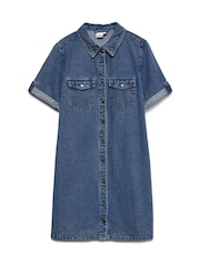 VERO MODA Blue Short Sleeve Button Down Denim Dress - Image 5 of 6