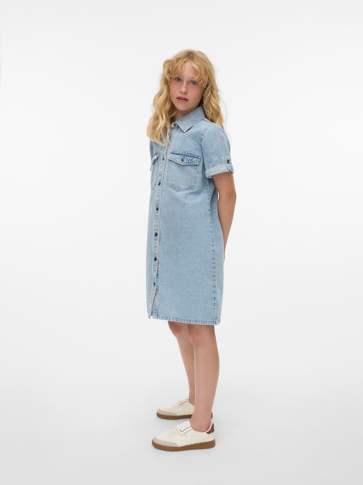 VERO MODA Blue Girl Short Sleeve Button Down Denim Dress - Image 2 of 6 VERO MODA Blue Girl Short Sleeve Button Down Denim Dress - Image 2 of 6