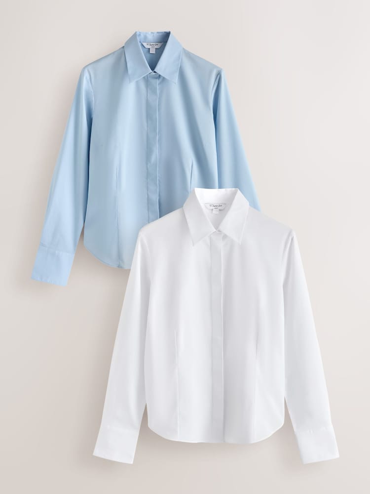 Blue Stripe/White Fitted Stretch Essential Long Sleeve Shirts 2 Pack - Image 1 of 6 Blue Stripe/White Fitted Stretch Essential Long Sleeve Shirts 2 Pack - Image 1 of 6