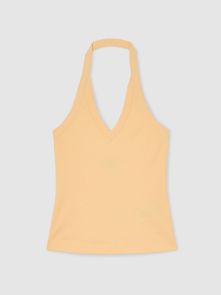 Reiss Yellow Nina Stretch-Cotton Ribbed Halterneck Vest - Image 2 of 8