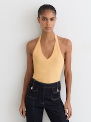 Reiss Yellow Nina Stretch-Cotton Ribbed Halterneck Vest - Image 3 of 8