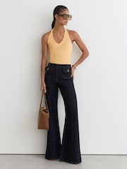 Reiss Yellow Nina Stretch-Cotton Ribbed Halterneck Vest - Image 4 of 8