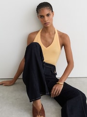 Reiss Yellow Nina Stretch-Cotton Ribbed Halterneck Vest - Image 6 of 8