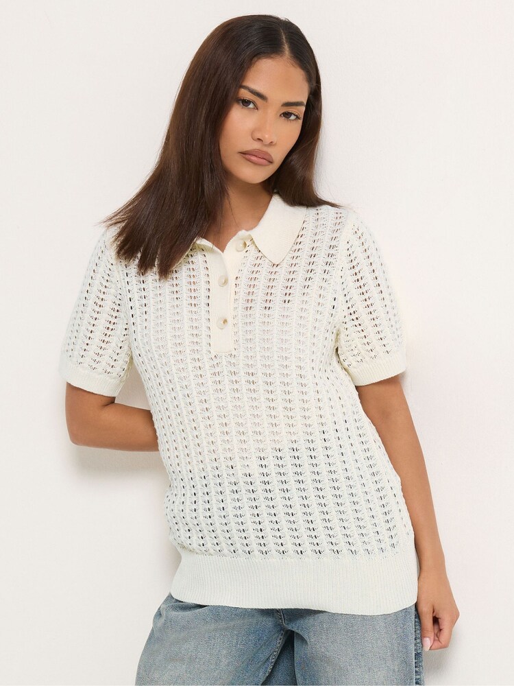 PixieGirl Petite Natural Crochet Polo Top - Image 1 of 5 PixieGirl Petite Natural Crochet Polo Top - Image 1 of 5